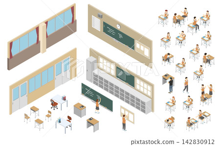 Isometric illustration: Student and classroom set (high school student in summer uniform) Isometric illustration: Student and classroom set (high school student in summer uniform) 142830912