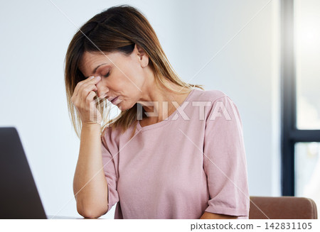 Headache, office and business woman with stress and anxiety from deadline and project. Eye strain, brain fog and digital employee with online problem and fatigue from working at a desk with laptop Headache, office and business woman with stress and anxiety from deadline and project. Eye strain, brain fog and digital employee with online problem and fatigue from working at a desk with laptop 142831105