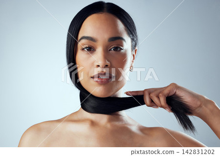 Haircare and happy woman hair on neck for growth, keratin treatment and wellness isolated in studio. Female person or model and beauty with natural glow from salon cosmetics on gray background Haircare and happy woman hair on neck for growth, keratin treatment and wellness isolated in studio. Female person or model and beauty with natural glow from salon cosmetics on gray background 142831202