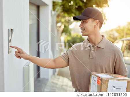 Man, doorbell and courier person with package for ecommerce delivery, transmission and distribution. Employee, box parcel and ring buzzer of intercom for security, confirmation and communication. Man, doorbell and courier person with package for ecommerce delivery, transmission and distribution. Employee, box parcel and ring buzzer of intercom for security, confirmation and communication. 142831203