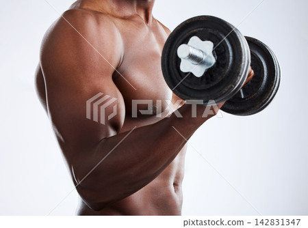 Man, dumbbell and weightlifting athlete in studio or fitness routine for arms, biceps or growth. Bodybuilder, equipment and muscle strength on white background for gym goals, training or exercise 142831347