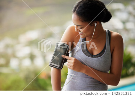 Earphones, smile or girl runner on mobile app streaming music to start training, workout or outdoor exercise. Press, happy or healthy sports woman athlete listening to radio audio or fitness podcast 142831351