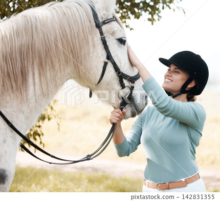 Love, horse or happy woman in countryside with jockey or rider for outdoor hobby, sports or wellness. Care, smile or proud girl athlete with healthy animal for training, exercise or support on farm 142831355