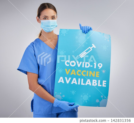 Healthcare, help and nurse with poster, vaccine and mockup in studio, woman and information with mask. White background, portrait and medical professional with cardboard for advice and person 142831356