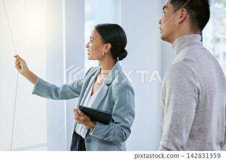 Woman, man and consultation in house for real estate sale with investment goals and moving or relocation. Male client, realtor girl and showing property with shopping for new home and purchase deal 142831359
