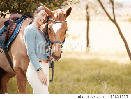 Woman, horse and smile in portrait in farm for ride with care, love and hobby in California. Female person, countryside and happy in forest for adventure, fun and relax on break for activity as rider Woman, horse and smile in portrait in farm for ride with care, love and hobby in California. Female person, countryside and happy in forest for adventure, fun and relax on break for activity as rider 142831365