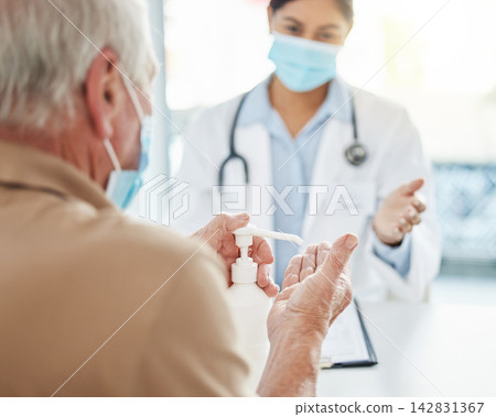 Patient, hospital and cleaning hands for germs or healthcare, hygiene and safety protocol for diseases or viruses. Senior person, female doctor and sanitiser for disinfection, sterilization and risk. Patient, hospital and cleaning hands for germs or healthcare, hygiene and safety protocol for diseases or viruses. Senior person, female doctor and sanitiser for disinfection, sterilization and risk. 142831367