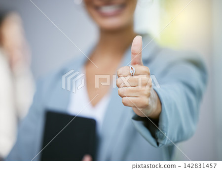 Office, woman and thumbs up for achievement or agreement with business deal, promote success and career goal. Like emoji, yes sign and female realtor with thank you for real estate sale and promotion Office, woman and thumbs up for achievement or agreement with business deal, promote success and career goal. Like emoji, yes sign and female realtor with thank you for real estate sale and promotion 142831457