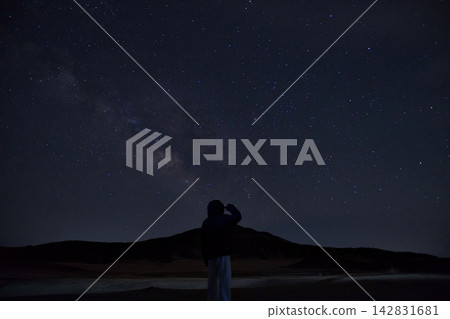火山的輪廓和星星滿天的夜空。 火山的輪廓和星星滿天的夜空。 142831681