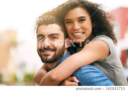 Portrait, happy and couple with hug in outdoor for love, bonding and peace on date together, adventure and vacation in city. Smile, woman and man with embrace, care or relax in summer for romance Portrait, happy and couple with hug in outdoor for love, bonding and peace on date together, adventure and vacation in city. Smile, woman and man with embrace, care or relax in summer for romance 142831713