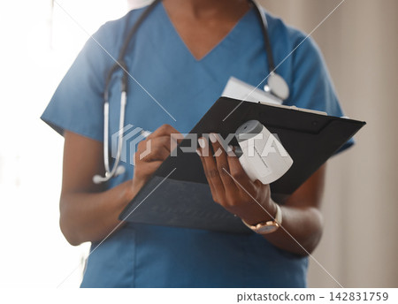 Healthcare, woman and hands with clipboard and thermometer in closeup for fever or covid protocol. Female person, nurse and stethoscope with paperwork for health checklist or risk inspection Healthcare, woman and hands with clipboard and thermometer in closeup for fever or covid protocol. Female person, nurse and stethoscope with paperwork for health checklist or risk inspection 142831759