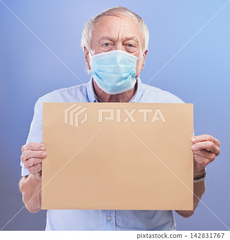 Health, face mask and portrait of senior man with poster in studio for awareness, healthcare or vaccination on blue background. Mockup, cardboard sign and elderly person for advice, covid or wellness Health, face mask and portrait of senior man with poster in studio for awareness, healthcare or vaccination on blue background. Mockup, cardboard sign and elderly person for advice, covid or wellness 142831767