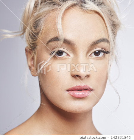 Woman, serious and skincare portrait in studio, cosmetics and clear skin on white background. Female person, makeup and dermatology wellness for beauty, facial treatment and pride for hydration 142831845