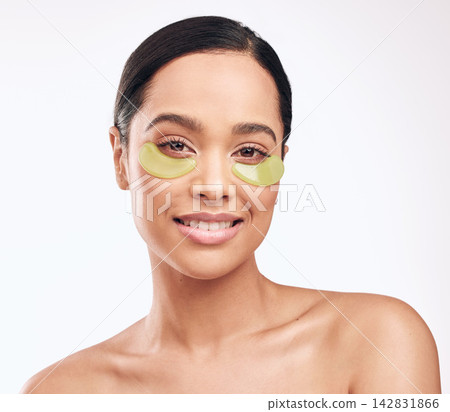 Skincare, face mask and woman in studio for anti aging, cosmetic or moisturising on white background. Collagen gel patch, model and facial wellness relaxing for beauty routine for glow treatment Skincare, face mask and woman in studio for anti aging, cosmetic or moisturising on white background. Collagen gel patch, model and facial wellness relaxing for beauty routine for glow treatment 142831866