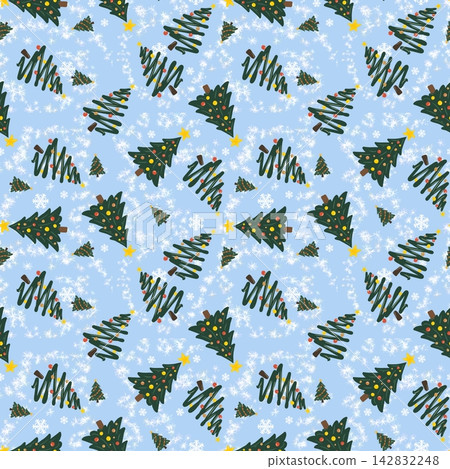 Christmas seamless pattern with decorated trees, snowflakes and colorful lights Christmas seamless pattern with decorated trees, snowflakes and colorful lights 142832248