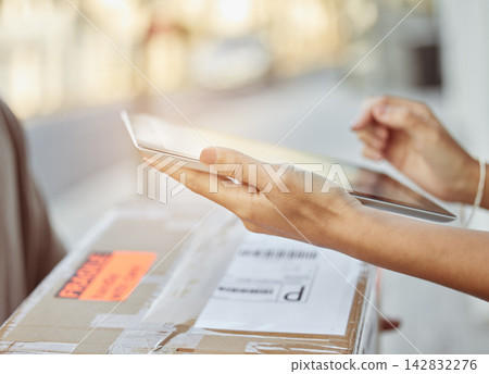 Hand, woman and tablet for signature of package delivery with agreement for e commerce order, cargo and courier service. Customer, approval and parcel with supply chain for safe online shopping Hand, woman and tablet for signature of package delivery with agreement for e commerce order, cargo and courier service. Customer, approval and parcel with supply chain for safe online shopping 142832276