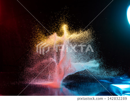 Futuristic Technology Network data concept. Sand explosion with innovation patter to connect the Dots as neuron system with light motion. Technology futuristic of data network is pattern background 142832289