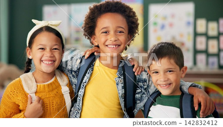 Children, face and smile as friends at school with backpack in youth classroom, excited or education. Boys, girl and portrait at academy campus or lesson learning or knowledge, diversity or student Children, face and smile as friends at school with backpack in youth classroom, excited or education. Boys, girl and portrait at academy campus or lesson learning or knowledge, diversity or student 142832412
