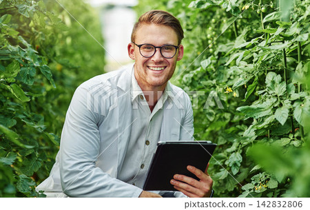 Nature, agronomist or man with tablet in portrait for plant research, crop production or info on agriculture. Outdoor, male scientist and digital for quality inspection, growth or tomato tree monitor Nature, agronomist or man with tablet in portrait for plant research, crop production or info on agriculture. Outdoor, male scientist and digital for quality inspection, growth or tomato tree monitor 142832806