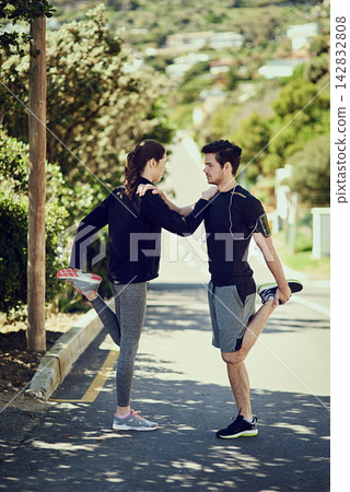 Couple, stretching and workout for exercise in outdoor training as runner for balance growth, marathon or cardio. Sport, man and woman with fitness goals, competition and performance of health start Couple, stretching and workout for exercise in outdoor training as runner for balance growth, marathon or cardio. Sport, man and woman with fitness goals, competition and performance of health start 142832808