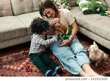 Play, child or mother with dogs in home for animals, therapy or wellness with trust or loyalty together. Woman, family or mom with love, pets or chihuahua with care, boy or support in lounge to relax Play, child or mother with dogs in home for animals, therapy or wellness with trust or loyalty together. Woman, family or mom with love, pets or chihuahua with care, boy or support in lounge to relax 142832809