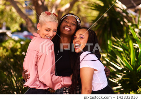 Outdoor, friends and portrait in nature for vacation, weekend trip and holiday in California. Outside, happy girls and laugh with confidence, freedom and excited with pride for traveling together Outdoor, friends and portrait in nature for vacation, weekend trip and holiday in California. Outside, happy girls and laugh with confidence, freedom and excited with pride for traveling together 142832810
