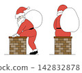 Santa Claus, carrying presents, enters through the chimney and sits on the chimney. 142832878