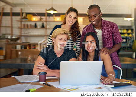 Laptop, people and group with studying in cafe for university education, knowledge and support. Happy, students and friends with smile by table for elearning, collaboration and teamwork for project Laptop, people and group with studying in cafe for university education, knowledge and support. Happy, students and friends with smile by table for elearning, collaboration and teamwork for project 142832914