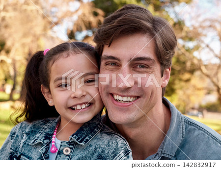 Smile, father and portrait of kid at park together for love, care and bonding on summer holiday vacation. Face, man and girl child outdoor for connection, support and healthy family relationship Smile, father and portrait of kid at park together for love, care and bonding on summer holiday vacation. Face, man and girl child outdoor for connection, support and healthy family relationship 142832917