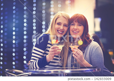 Women, friends and portrait in nightclub with cocktail drink for party event or celebration, birthday or alcohol. Female people, face and drinking fun as social gathering or bokeh, lights or new year Women, friends and portrait in nightclub with cocktail drink for party event or celebration, birthday or alcohol. Female people, face and drinking fun as social gathering or bokeh, lights or new year 142833009