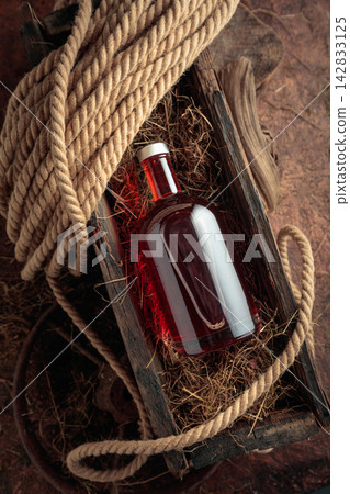 Bottle of hard liquor in a vintage wooden box. Bottle of hard liquor in a vintage wooden box. 142833125