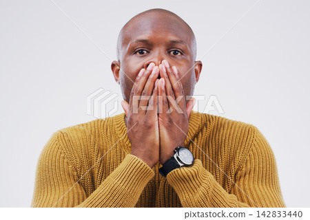 Black man, portrait and surprised in studio for gossip, drama or announcement on white background. Wow, covering mouth and shocked person for prize giveaway, wtf reaction or omg emoji with mockup Black man, portrait and surprised in studio for gossip, drama or announcement on white background. Wow, covering mouth and shocked person for prize giveaway, wtf reaction or omg emoji with mockup 142833440