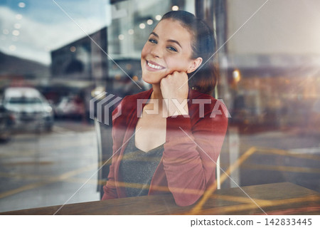 Woman, coffee shop or portrait with window, happy customer and pride with smile, joy and table. Girl, restaurant and university student with college break, cafe and glass in store with confidence Woman, coffee shop or portrait with window, happy customer and pride with smile, joy and table. Girl, restaurant and university student with college break, cafe and glass in store with confidence 142833445