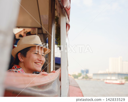 Woman Tourist in Boat Trip Chao Phraya River Bangkok Woman Tourist in Boat Trip Chao Phraya River Bangkok 142833529