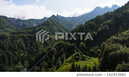 Aerial View Winding Alpine Road Green Valley Austria Village 142833662