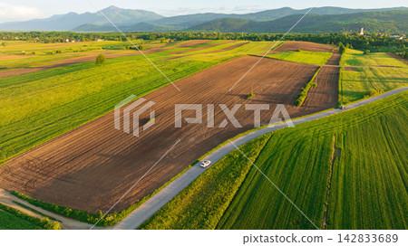 Aerial View Dreznik Village Fields Near Plitvice Lakes Croatia Aerial View Dreznik Village Fields Near Plitvice Lakes Croatia 142833689