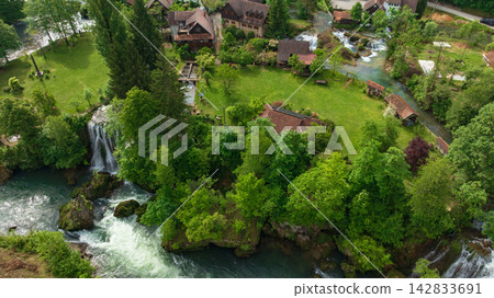 Rastoke Slunj Aerial View Waterfalls Historic Mill Village Croatia Rastoke Slunj Aerial View Waterfalls Historic Mill Village Croatia 142833691