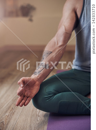 Hand, yoga and person on floor, meditation and gyan mudra with breathing, mindfulness and self care at gym. Man, zen and peace with spiritual balance, holistic healing and mat in wellness studio Hand, yoga and person on floor, meditation and gyan mudra with breathing, mindfulness and self care at gym. Man, zen and peace with spiritual balance, holistic healing and mat in wellness studio 142833710