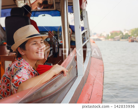 Woman Tourist in Boat Trip Chao Phraya River Bangkok Woman Tourist in Boat Trip Chao Phraya River Bangkok 142833936