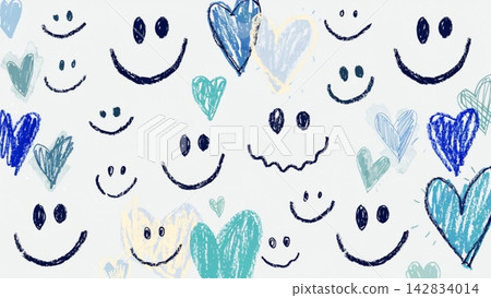 cute doodle pattern smiley faces scribble hearts Vector background 142834014