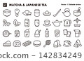 抹茶和日本茶文化圖示集（細線，向量素材），適用於咖啡館和日本文化。 142834249