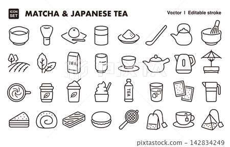 Matcha and Japanese tea culture icon set (thin lines, vector materials) for cafes and Japanese culture. Matcha and Japanese tea culture icon set (thin lines, vector materials) for cafes and Japanese culture. 142834249