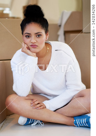 Upset, woman and sitting on floor with boxes for finanical crisis, real estate and moving out for repossession. Tired, female person and cardboard package for relocation, debt and real estate Upset, woman and sitting on floor with boxes for finanical crisis, real estate and moving out for repossession. Tired, female person and cardboard package for relocation, debt and real estate 142834266