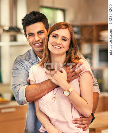 Portrait, marriage and couple with love, hug and smile with happiness, house and relationship. Face, people and embrace with man, woman and commitment with trust, joy and date with care and relax 142834269