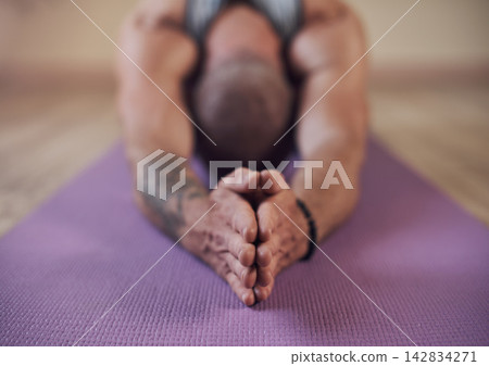 Man, stretching and yoga for meditation, prayer hands and workout for energy and wellness. Male athlete, health and flexible at gym for fitness, exercise and relax for muscle, recovery and strength Man, stretching and yoga for meditation, prayer hands and workout for energy and wellness. Male athlete, health and flexible at gym for fitness, exercise and relax for muscle, recovery and strength 142834271