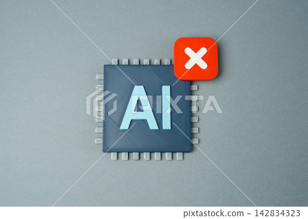 An AI microchip and a prohibition sign. Rejection of AI in sensitive areas. Turning off artificial intelligence mode. Concept of ethics and technology limits today. An AI microchip and a prohibition sign. Rejection of AI in sensitive areas. Turning off artificial intelligence mode. Concept of ethics and technology limits today. 142834323
