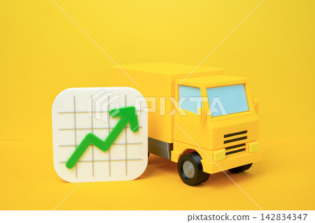 A delivery truck and a growth chart. Increase in shipments. Concept of logistics expansion and rising demand. Symbol of transportation business growth today. Market expansion. A delivery truck and a growth chart. Increase in shipments. Concept of logistics expansion and rising demand. Symbol of transportation business growth today. Market expansion. 142834347