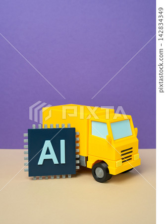 A delivery truck and an AI microchip. Managing business and routes, reducing fuel costs and increasing efficiency. Self-driving trucks of the near future. Smart logistics. A delivery truck and an AI microchip. Managing business and routes, reducing fuel costs and increasing efficiency. Self-driving trucks of the near future. Smart logistics. 142834349