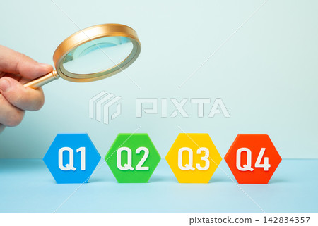 Examining business quarters of the year with a magnifying glass. Concept of financial audit and performance analysis. Symbol of detailed business reporting. Careful review. Examining business quarters of the year with a magnifying glass. Concept of financial audit and performance analysis. Symbol of detailed business reporting. Careful review. 142834357