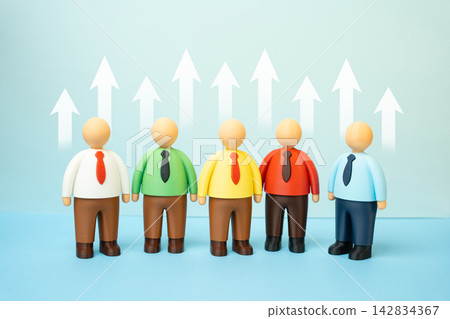 A team of office workers and upward arrows. Job promotion and career growth. Gaining experience. Skill improvement. Ambition and professional development. A team of office workers and upward arrows. Job promotion and career growth. Gaining experience. Skill improvement. Ambition and professional development. 142834367